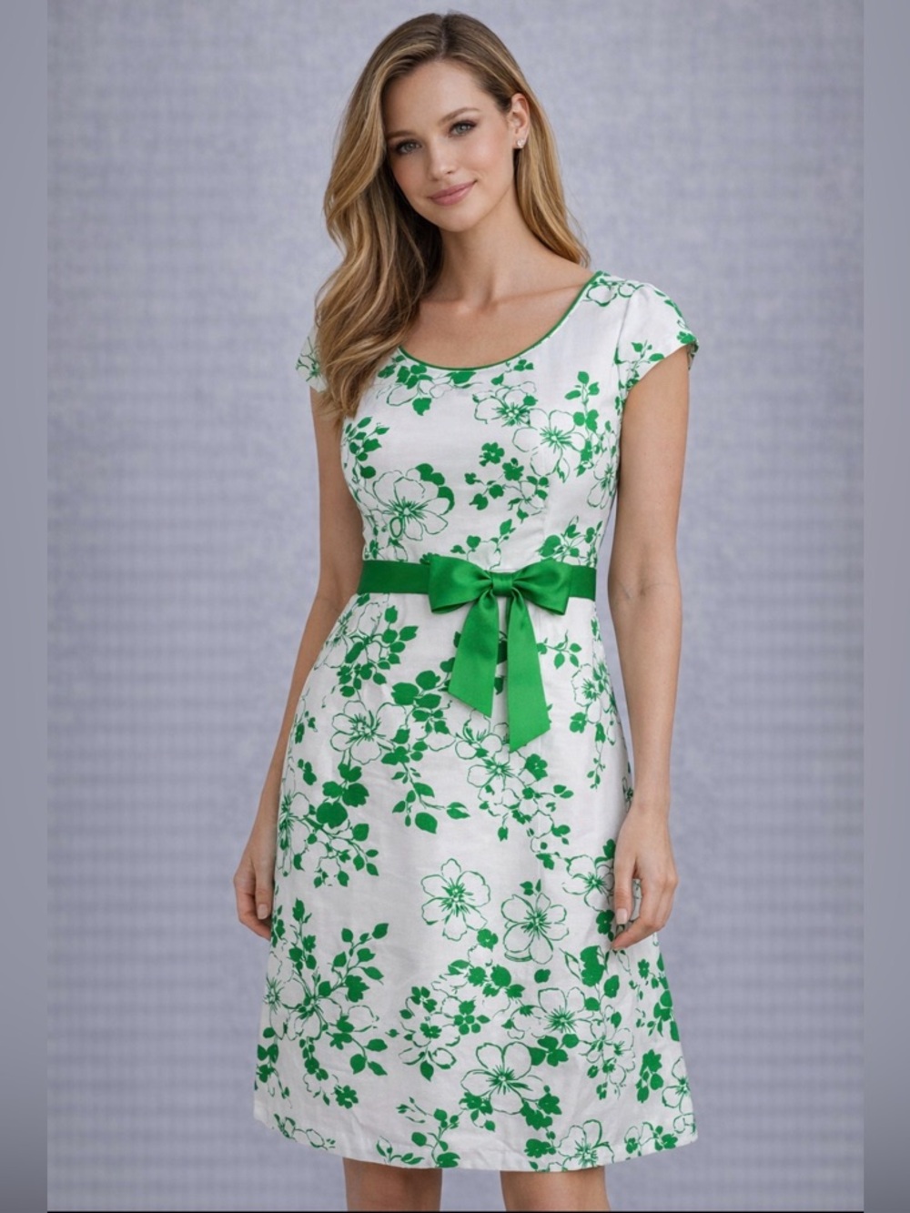 Dressbarn White & Green Floral Belted Knee-Length Dress Size 8(A516)